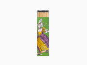 Scented Ernesto matches in a green illustrated box featuring a Rococo style woman in a yellow gown.