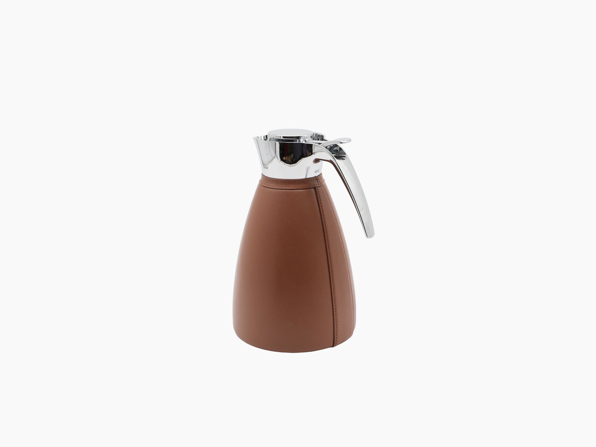 Full Vincennes 1.5l insulated carafe with chrome lid and brown leather body on white background.