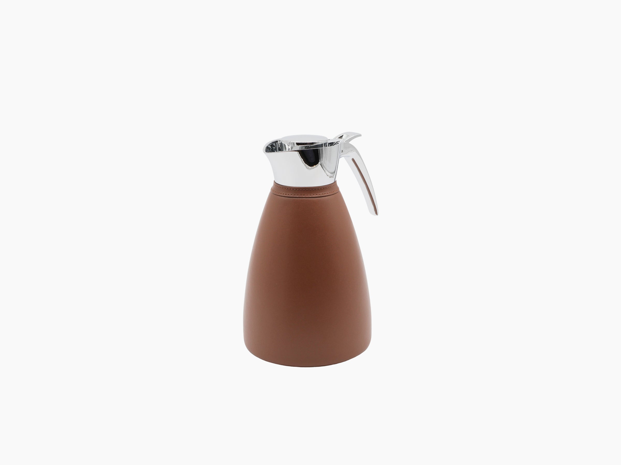 Vincennes 1.5l insulated carafe with chrome hinged lid and brown leather body