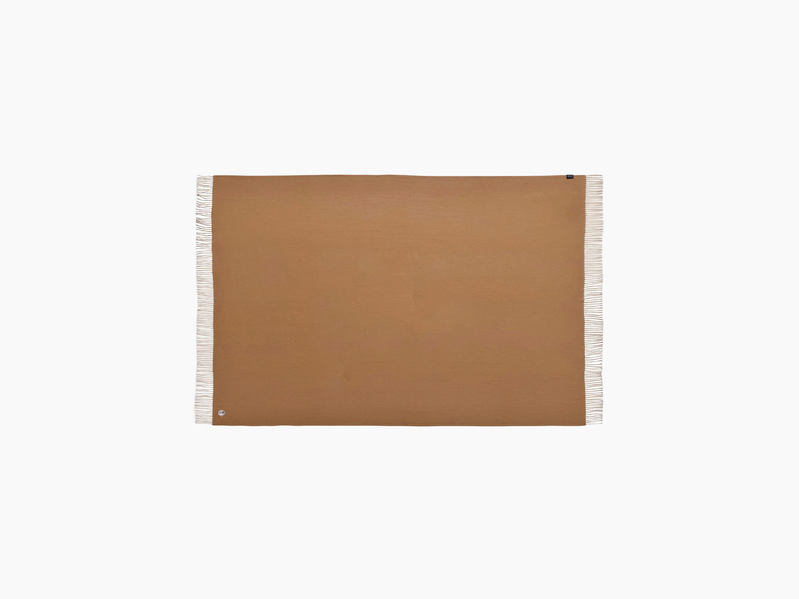 Flat view of brown alpaca blanket with a fringed edge on a white background.