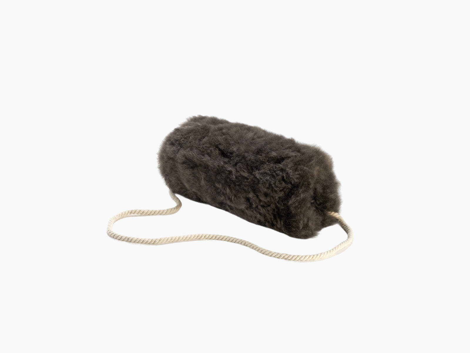 Dark brown fur pocket muff with a cream rope cord on a white background