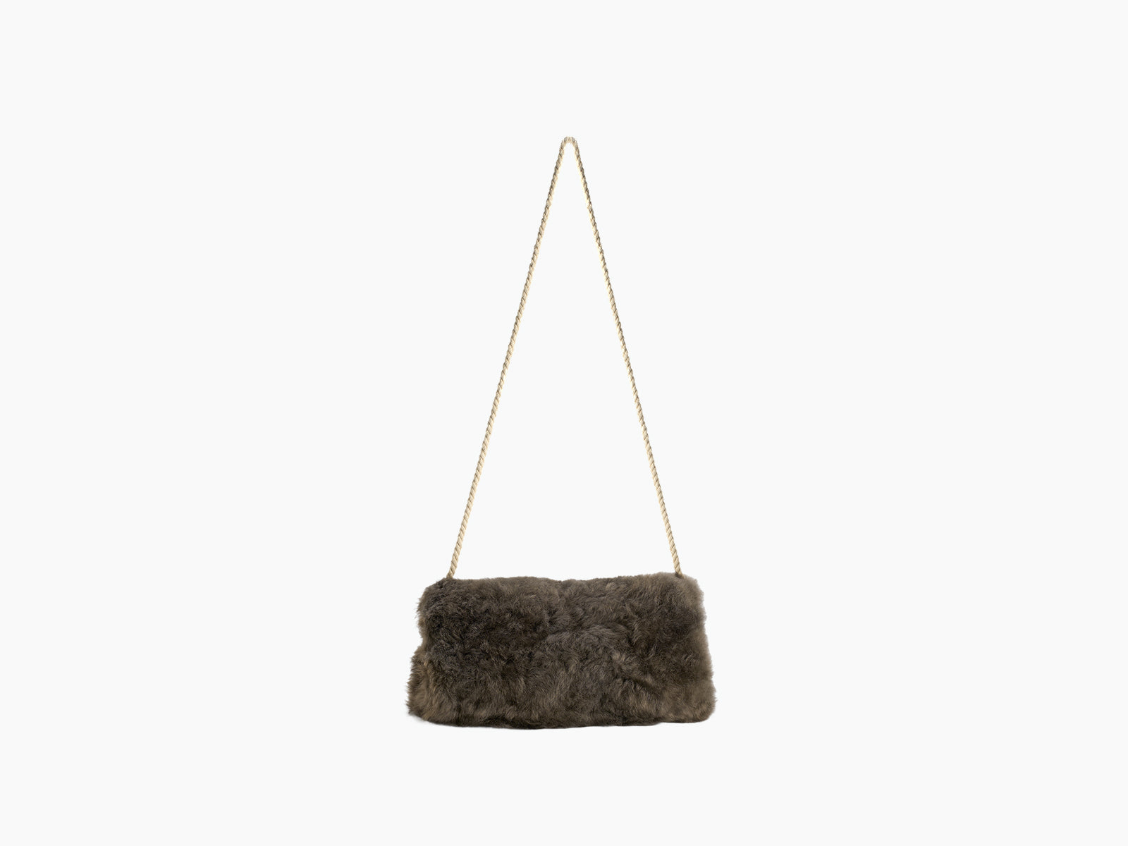 Dark brown alpaca pocket muff with a long light beige rope strap