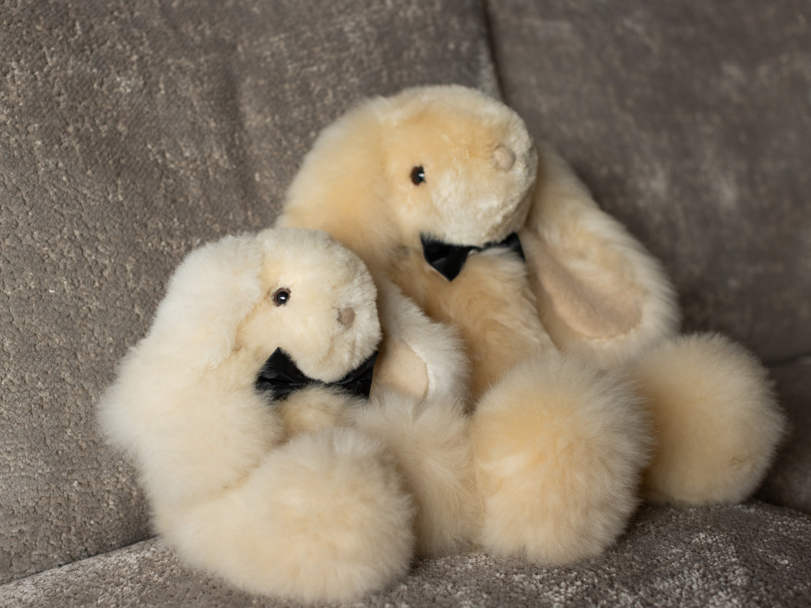 Two cream Milo rabbit plushes with black bow ties sitting together on a grey sofa
