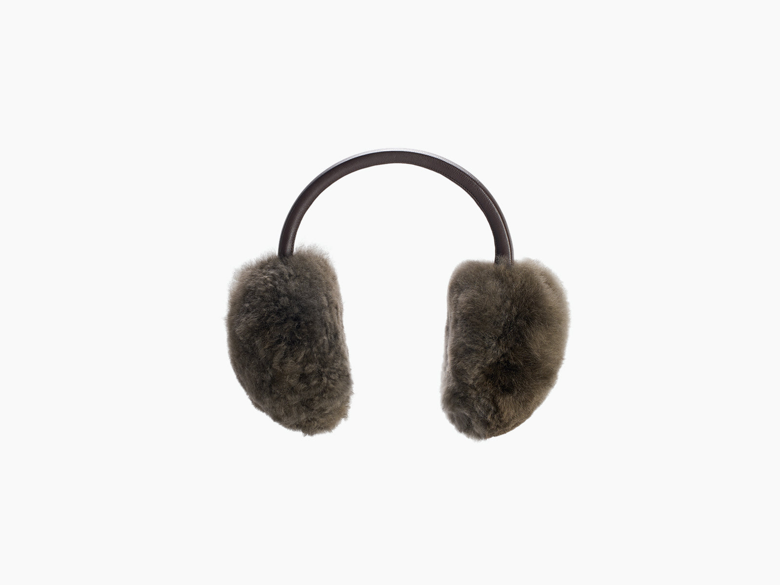 Dark brown alpaca ear warmers with a leather band on a white background