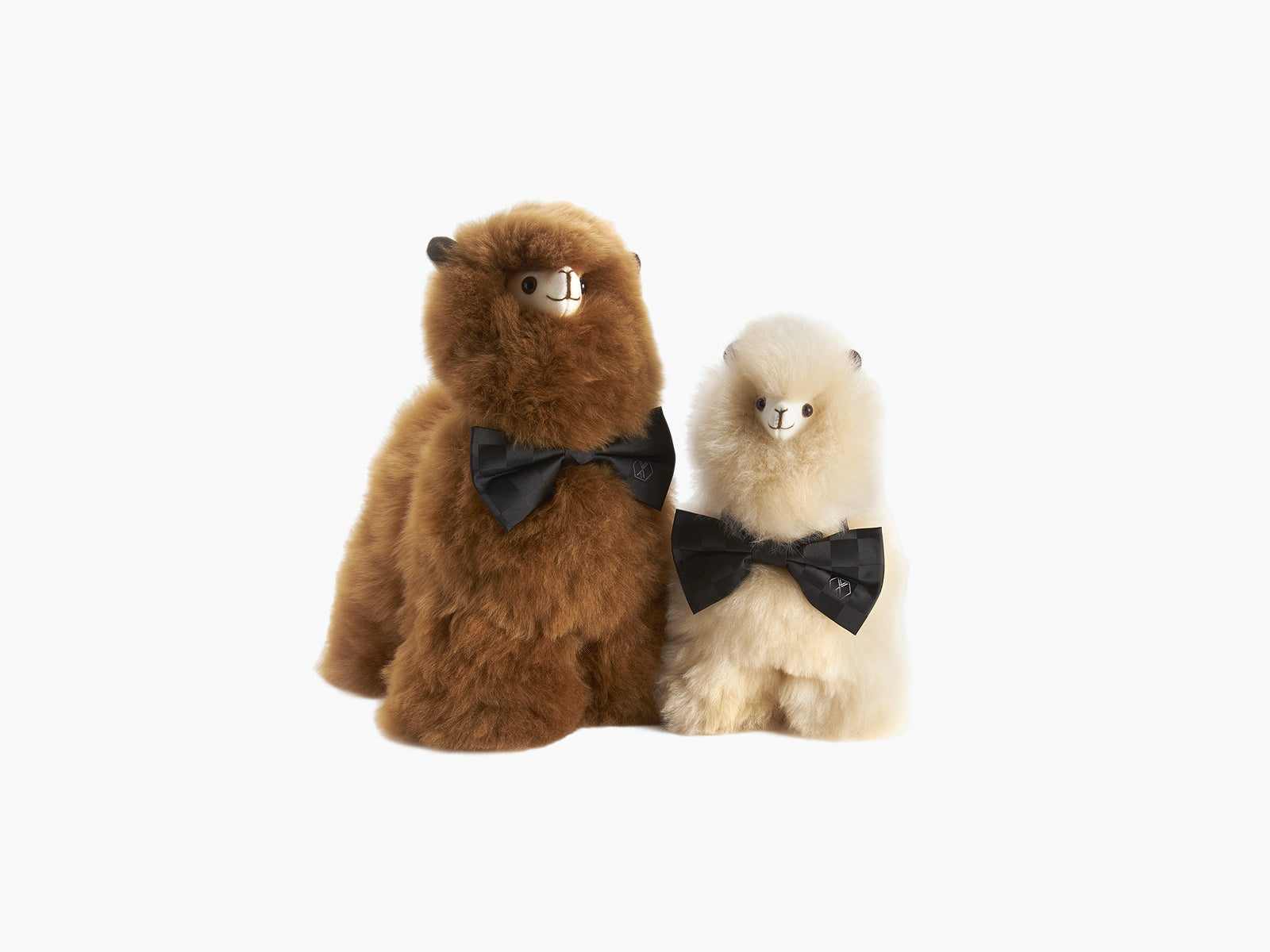 Two Alpaca PACO plush mascots in light beige and tan with black bow ties