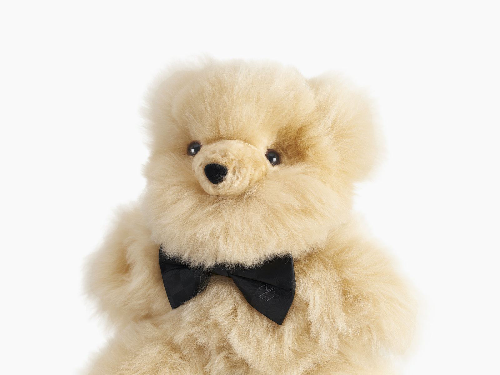 Pelu the beige teddy bear with a black silk bow tie against a white background
