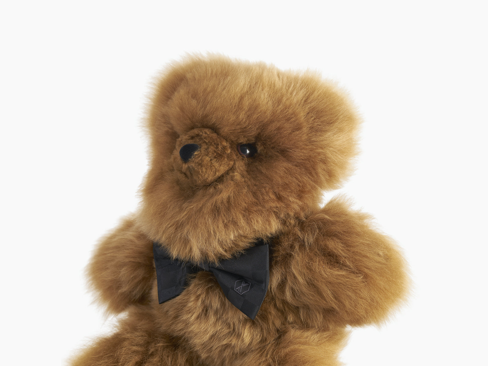 Close-up profile of a golden brown Pelu teddy bear wearing a black silk bow tie