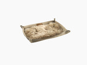 Large beige leather catchall tray with a plush alpaca lining for jewelry and essentials